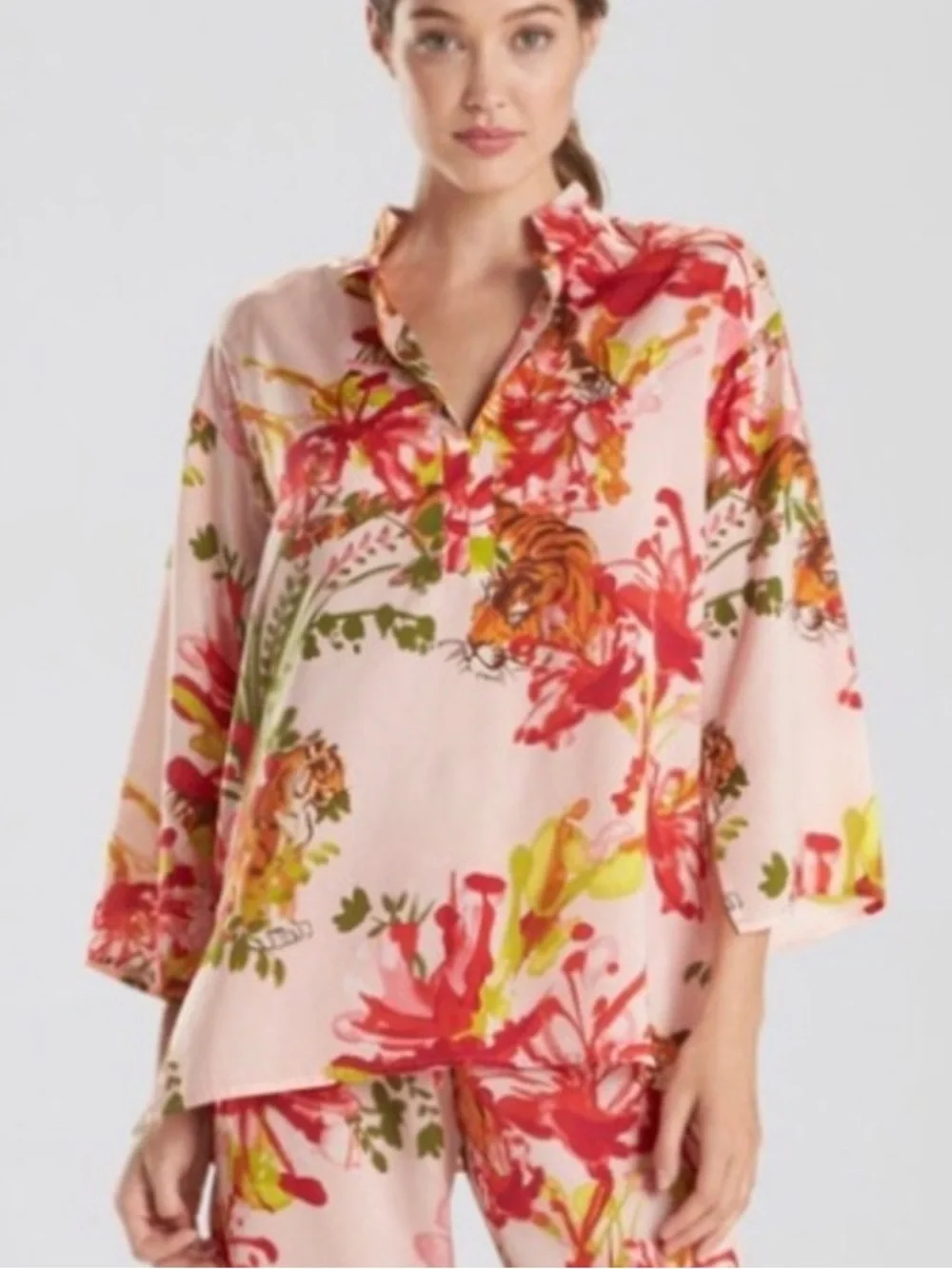 Natori Pajama Top Tiger Lily Floral Print Sz L